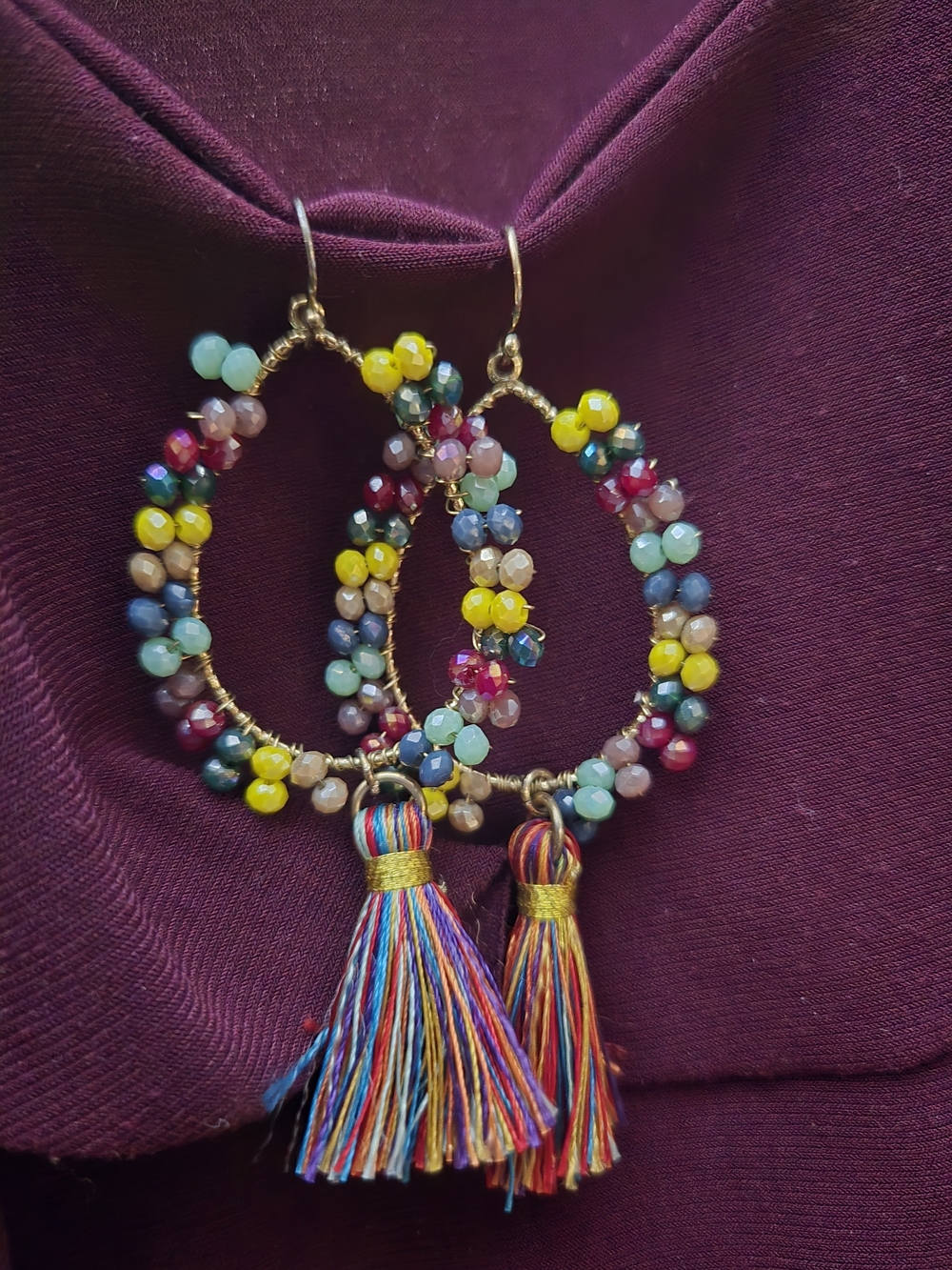 Multicolor Beaded Hoop Earrings with Tassel